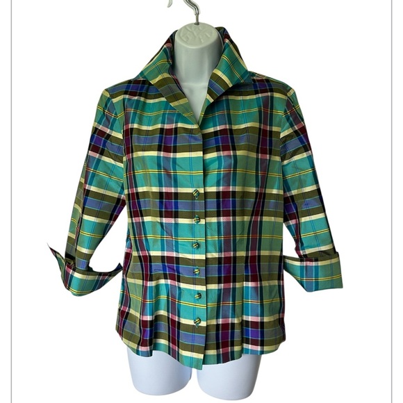 Marisa Baratelli Thai Silk Fitted Blouse Blue Plaid 3/4 Sleeve Excellent Size 6 - Picture 8 of 8